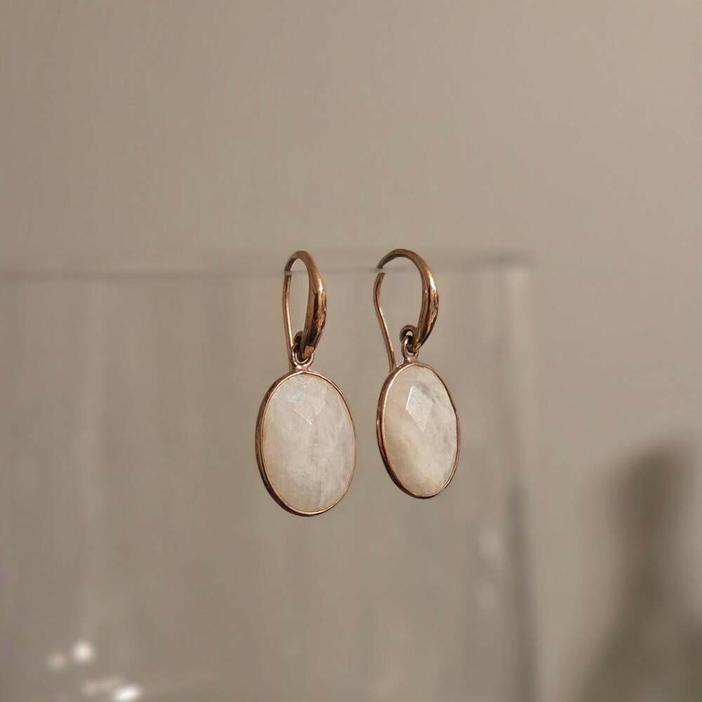 Rose Gold Tone Sterling Silver Mooonstone Oval Drop Earrings